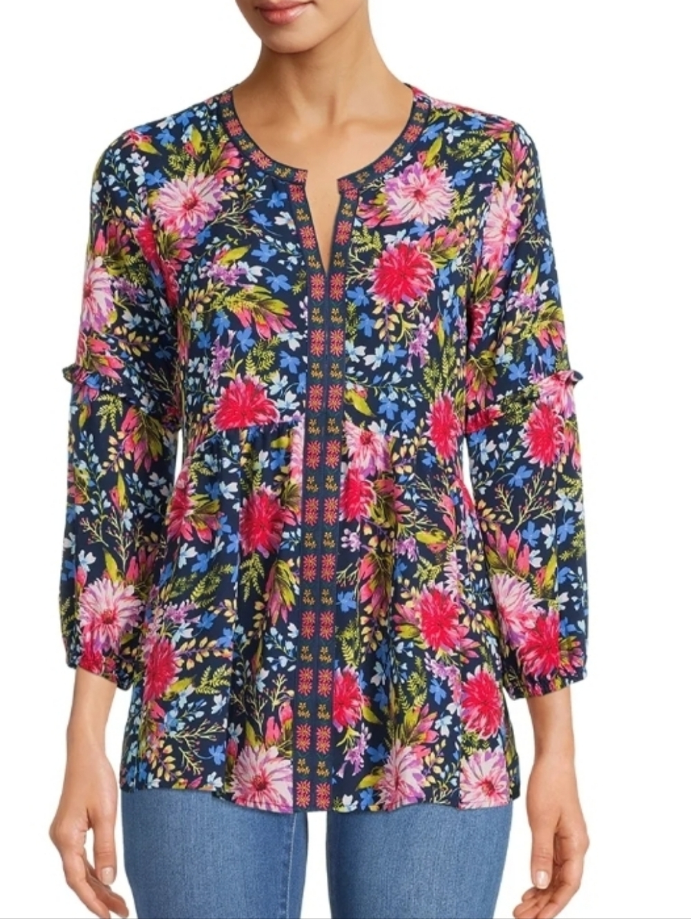 Floral Blouse with Pink & Red Blossoms Size XXL